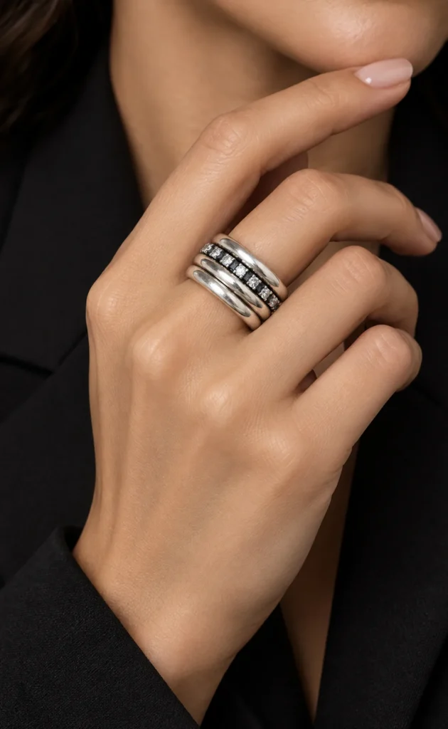 Hand wearing the K.AND. diamond row spinner ring against a black jacket