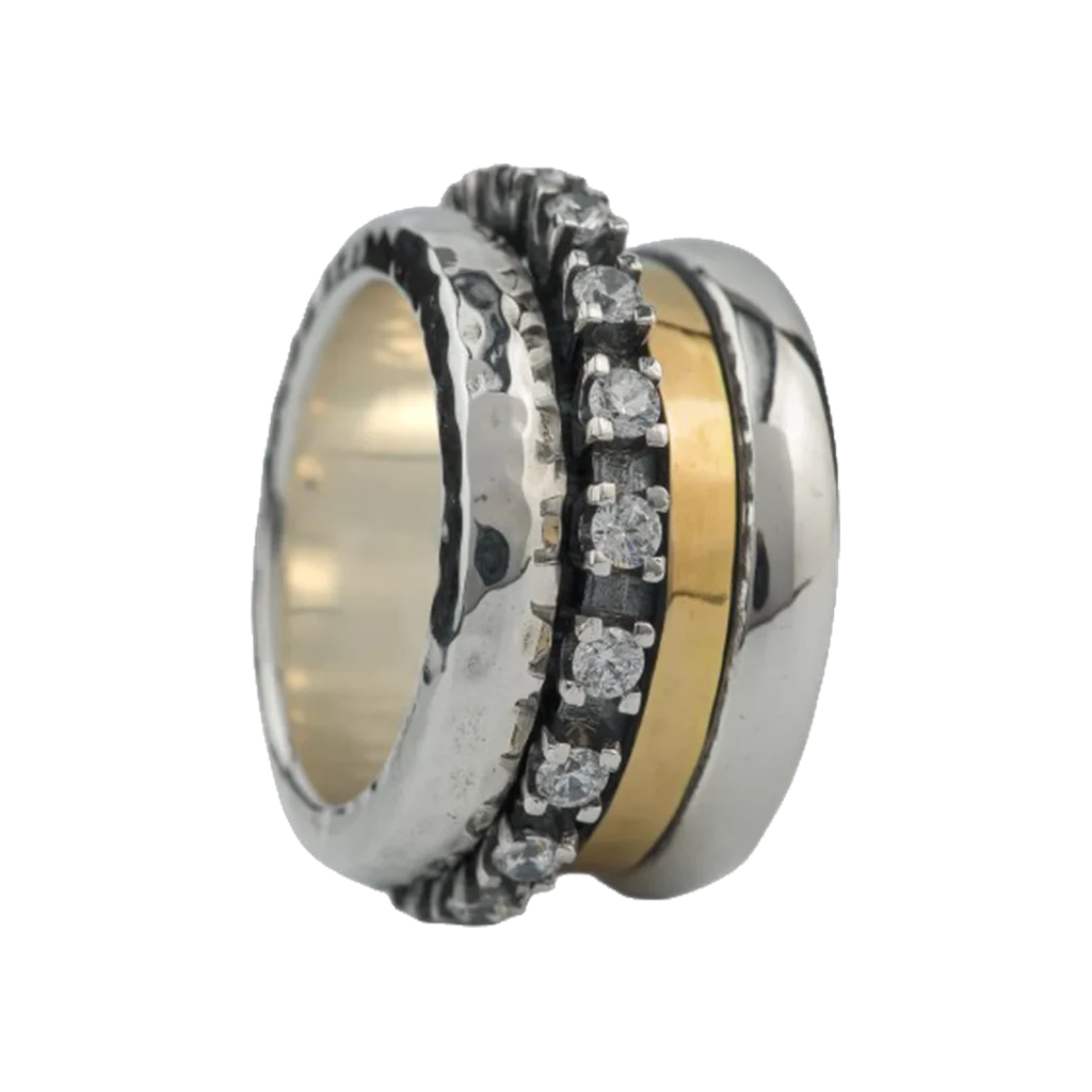 K.AND. silver ring with a row of white stones and an 18K gold band
