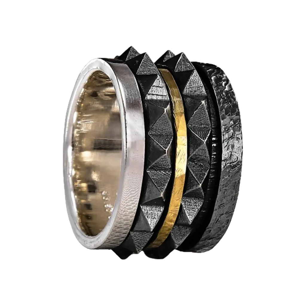 K.AND. ring in oxidised silver with faceted texture and a line of 18K gold