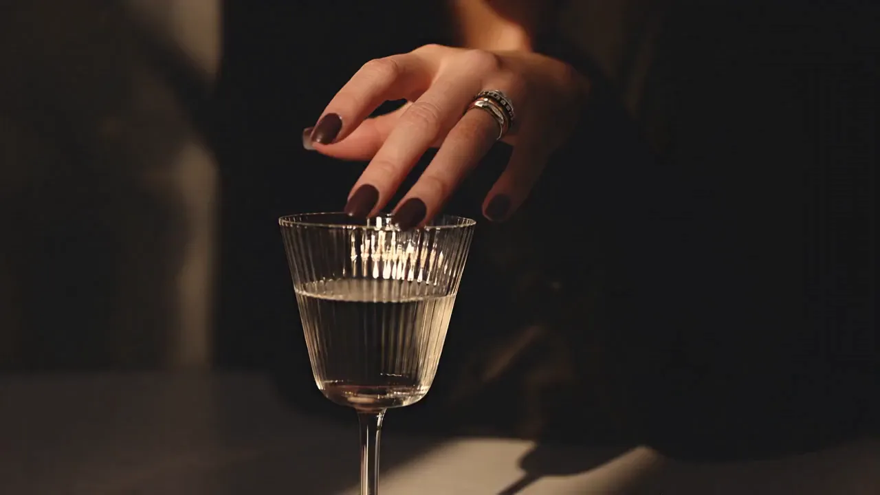 Hand with a K.AND. ring resting on a crystal glass, short film (poster frame)