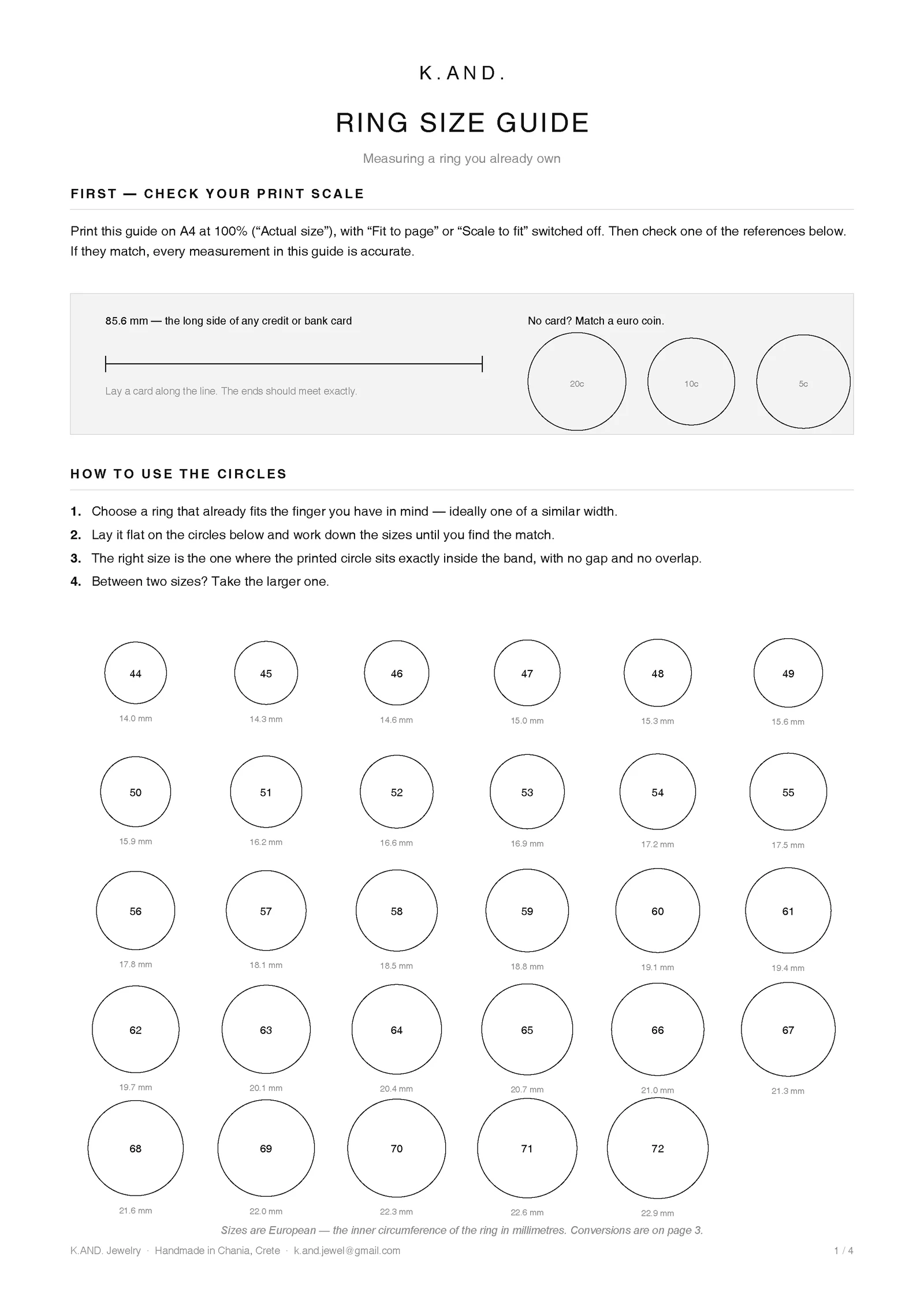 Printable K.AND. ring size guide with EU ring size circles from 44 to 72
