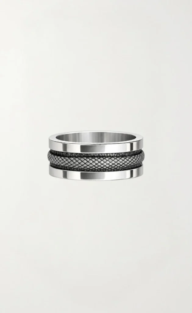 K.AND. textured band ring in oxidised and polished 925 silver