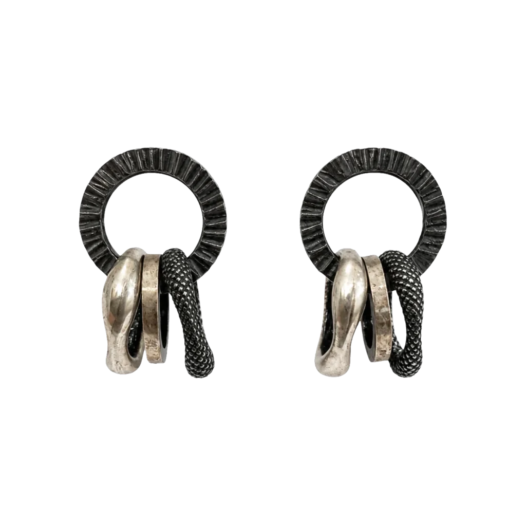 K.AND. earrings with textured oxidised circles and silver loops